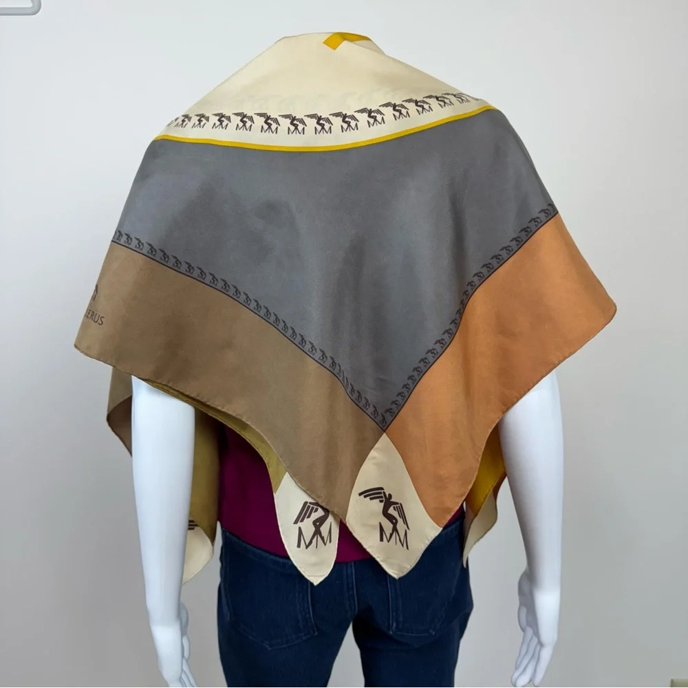 RARE Maison Mollerus Silk Scarf Square Logo Print Hand Rolled Brown Yellow